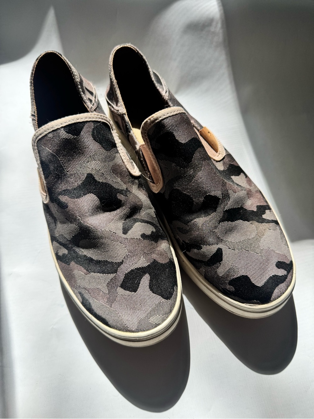 OluKai Women's Slip-On Sneakers in Gray Camo with Tan Accents